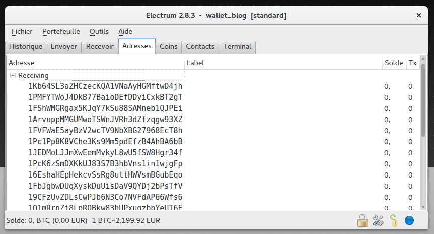 Electrum BTC Adresses de réceptions