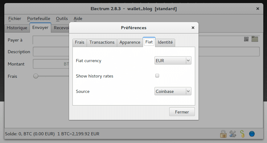Electrum BTC Préférences/FIAT
