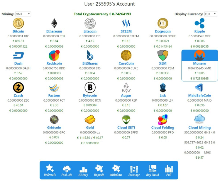 EoBot, interface présentant les coins minables EoBot, interface présentant les coins minables