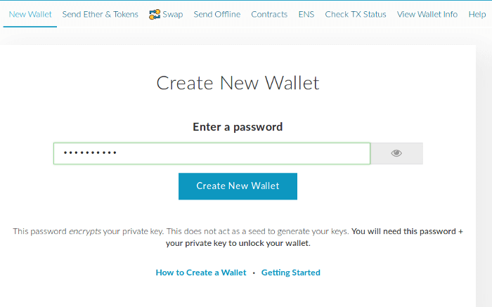 MyEtherWallet, Create new wallet